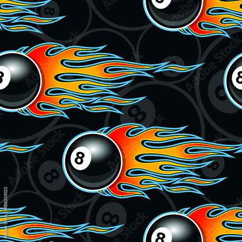 8 ball with fire flame billiard vector seamless pattern digital paper design.. Ideal for wallpaper packaging fabric textile wrapping paper design.