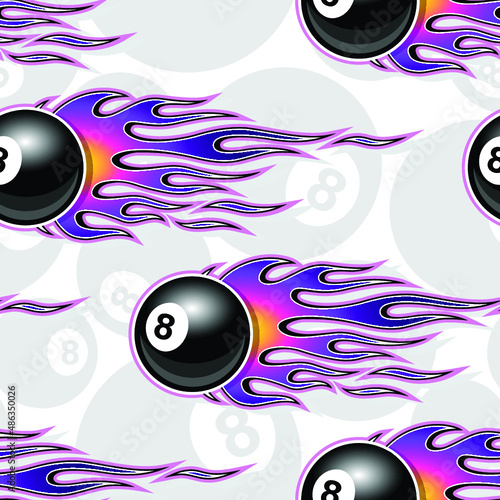 8 ball with fire flame billiard vector seamless pattern digital paper design.. Ideal for wallpaper packaging fabric textile wrapping paper design.