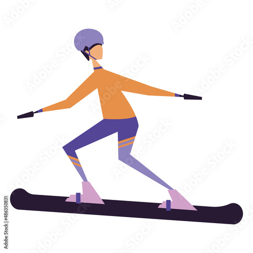 Young woman sliding on a snowboard