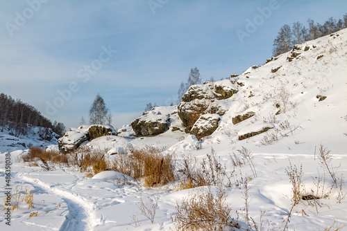 Wallpaper Mural Winter landscape with a rocky riverbank, dry grass, trees against a blue sky background Torontodigital.ca