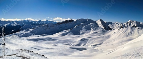 large winter landscape panorama picture winter above Davos on the Chorbschhorn Graubunden. Ski touring in Switzerland © SimonMichael