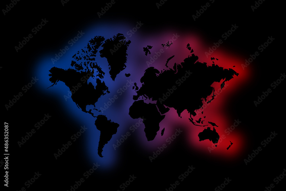 Black World Map outlined with blue and red colors on black background Black World Map outlined with blue and red colors on black background