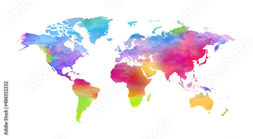 Colorful watercolor World Map on white background