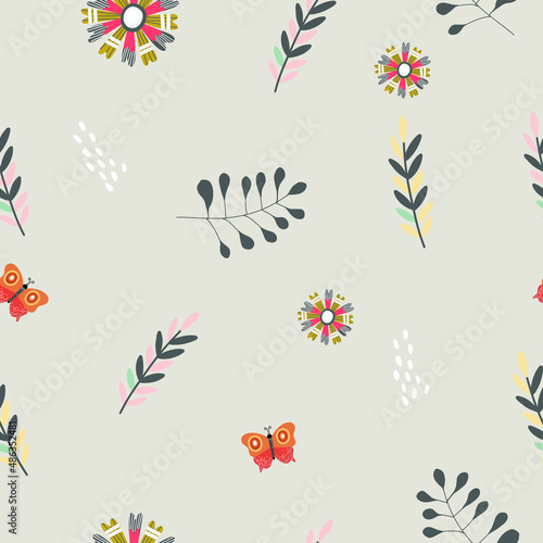 Seamless pattern with abstract flowers, branches, butterfly, on a gray background, happy easter background, digital paper, packaging.