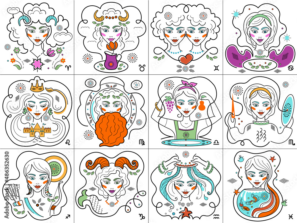 Fototapeta premium Set of 12 Square vector signs of Zodiac Constellations on white background. Line logo, girls tattoo or vintage illustration. Astrological forecast, womens horoscope