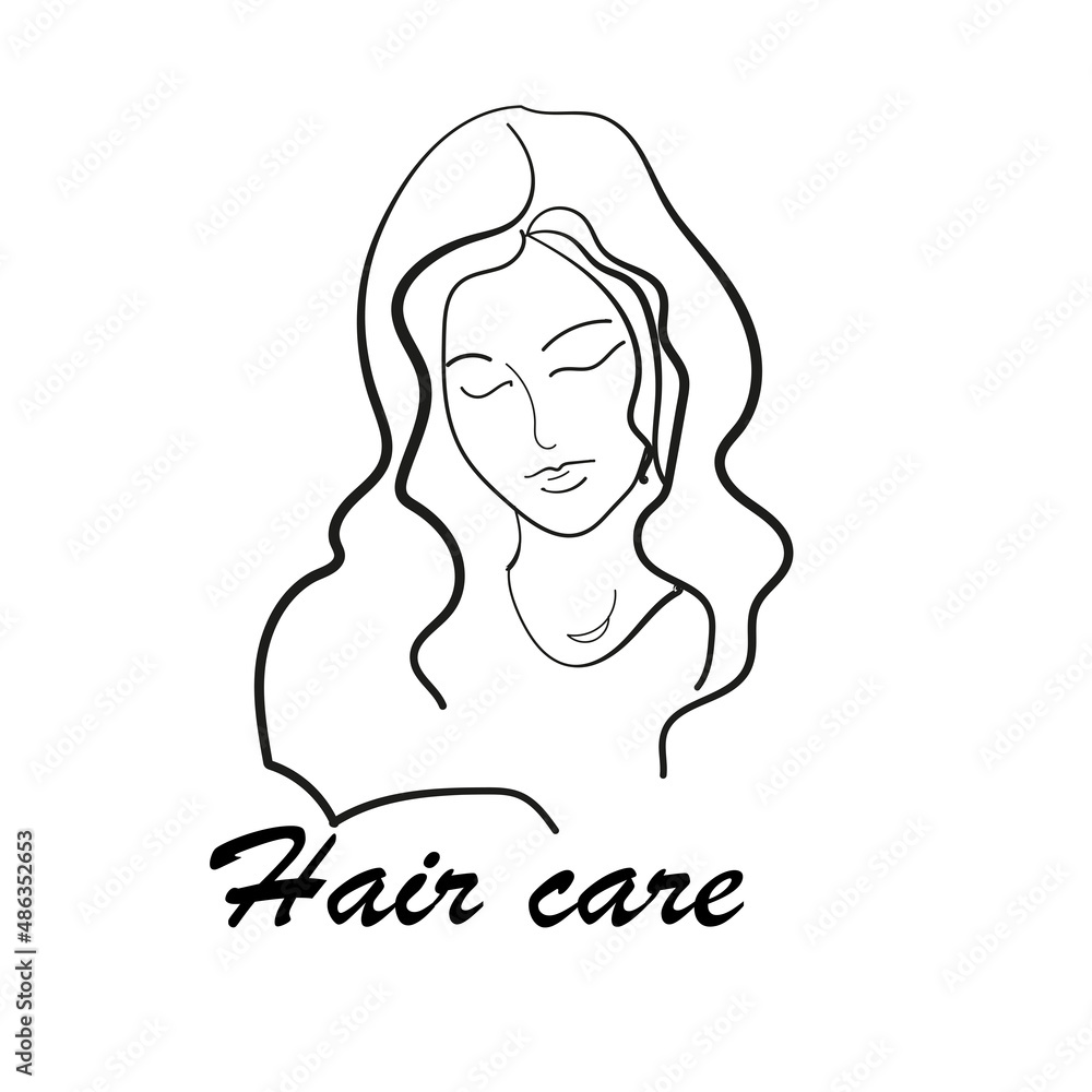Hair care illustration with beauty face in line art style. Black and white logo template for beauty salons, hairdressers or shampoo labels Hair care illustration with beauty face in line art style. Black and white logo template for beauty salons, hairdressers or shampoo labels