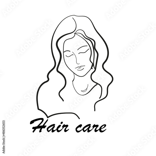 Hair care illustration with beauty face in line art style. Black and white logo template for beauty salons, hairdressers or shampoo labels