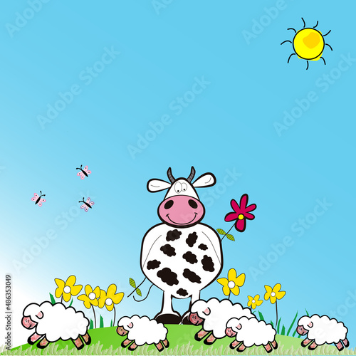 Paisaje de campo con rebaño de ovejas y vaca.	