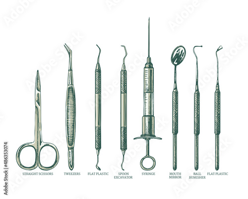 vector set for doctor_professional dental instruments, colored scissors, syringe, spatula, nippers, restorative dentistry, metal, medical equipment
mouth mirror, BALL BUMISHER, flat plastic, vector s