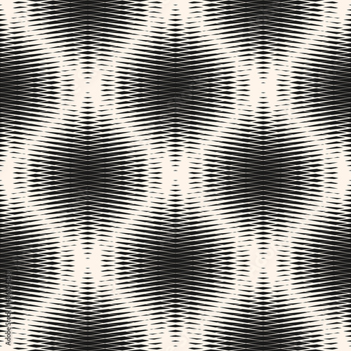 Halftone mesh seamless pattern. Abstract black and white vector graphic texture with dash lines, diamond grid, lattice. Monochrome background with gradient transition effect. Modern repeat geo design