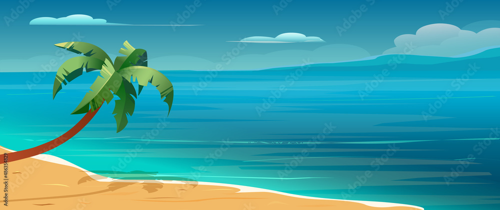 Sea background with palms. Tropical summer landscape. Vector Illustration