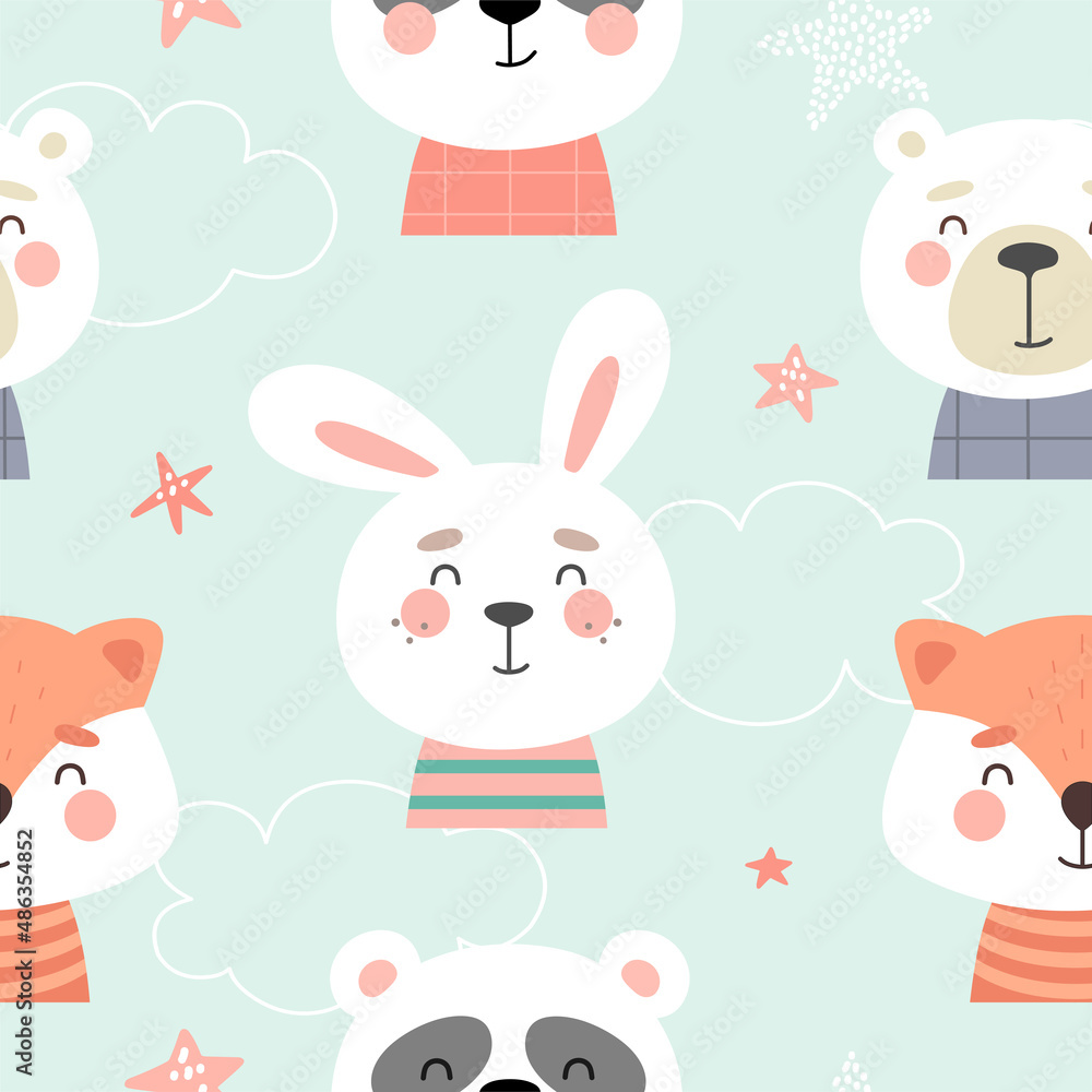 Seamless pattern with cute animals, print for fabric, cover, wrapping paper, collage. Vector illustration. Seamless pattern with cute animals, print for fabric, cover, wrapping paper, collage. Vector illustration.