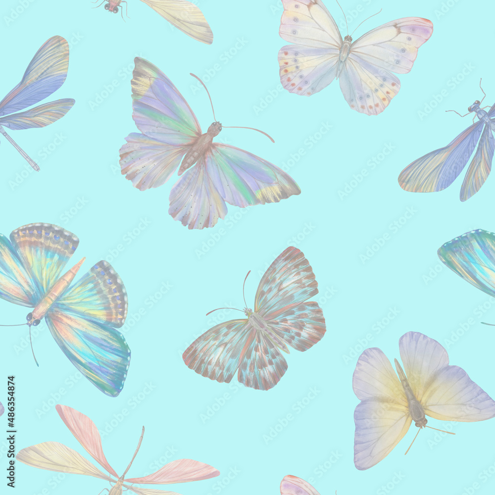 Watercolor butterflies seamless pattern. Abstract butterflies painted in watercolor in mixed media. Botanical background for design, print, wallpaper, textile, wrapping paper.