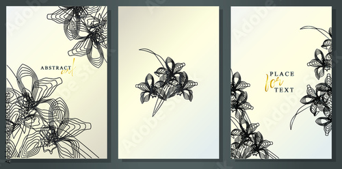 Luxury black and white orchids flowers in outline art. Elegant brochure. Pearly art design for invitations, celebrations, postcards. 