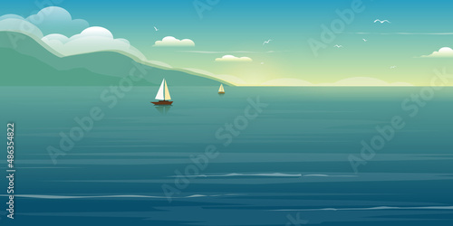 Sailing boat on the sea.  Summer landscape. Sunrise on the sea or ocean. Beautiful calm sea. 