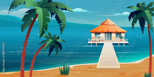 Sea background with palms and bungalow.  Tropical summer landscape. Wooden house with terrace on piles.  House on the water with a thatched roof.  Сalm sea. Vector Illustration