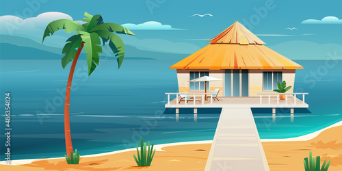 Sea background with palms and bungalow.  Tropical summer landscape. Wooden house with terrace on piles.  House on the water with a thatched roof.  Сalm sea. Vector Illustration