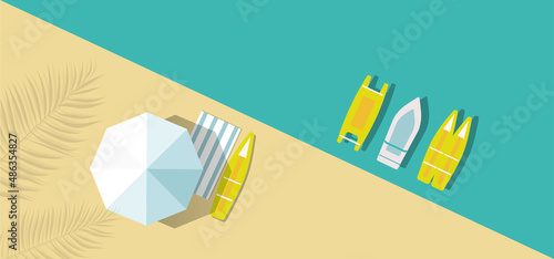 Summer vacation concept. Sun umbrella, beach accessories,  
surfboards and catamarans .  Top view. Flat vector illustration.