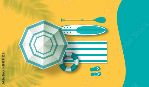 Summer vacation concept. Sun umbrella, SUP board and beach accessories.  Top view. Flat vector illustration. Sea, beach and shade from palm trees.