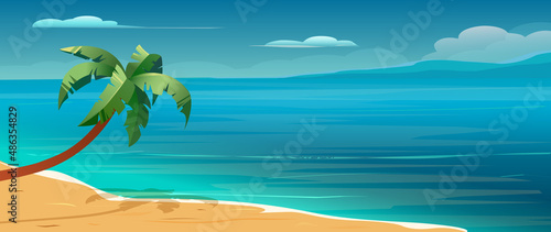 Sea background with palms. Tropical summer landscape. Vector Illustration