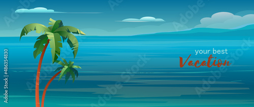 Sea background with palms. Tropical summer landscape. Vector Illustration