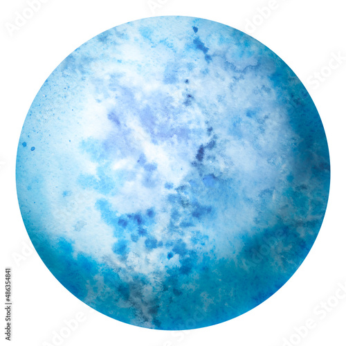 Planet watercolor in digital processing. Abstract blue color planet isolated on white background. Decorative texture similar to the surface of the planet.