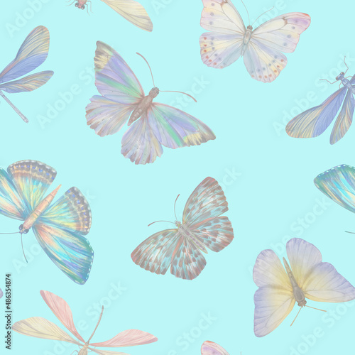 Watercolor butterflies seamless pattern. Abstract butterflies painted in watercolor in mixed media. Botanical background for design, print, wallpaper, textile, wrapping paper. © Sergei