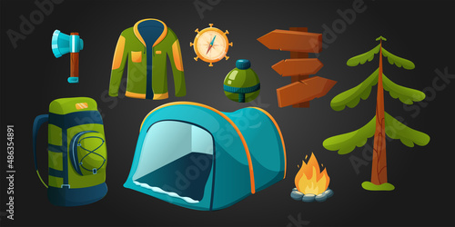 Camping set of elements for outdoor recreation. Tent and compass with camping jacket, campfire. Suitable for posters, tags and stickers. Vector illustration in cartoon style.