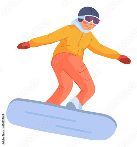 Happy kid jumping on snowboard. Winter extreme sport