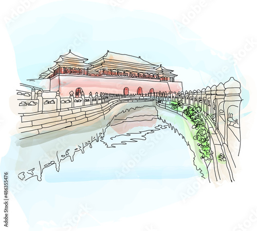 the forbidden city of china. watercolor, vector  illustration for travel magazine, social media post, calendar, poster