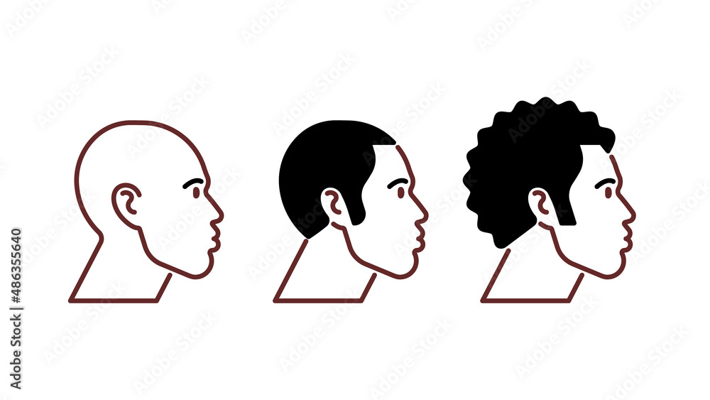 Male heads icon set. Line icon of male faces. Editable brown and black stroke. African-American person, different hairstyle. Outline illustration for design, label, infographic.