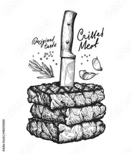 Knife and steaks, vector sketch. Cooking meat for barbecue vintage style illustration