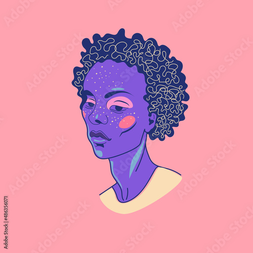 Vector illustration with the face of a young african girl. Appearance and beauty. Diversity and self-expression