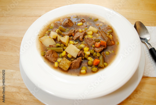 Close-Up of Hearty Beef Stew Served in a White Bowl	