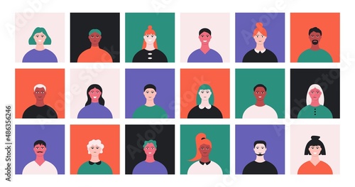 People face avatars. Boys girls characters cartoon hand drawn style, flat male female heads, web social media vector icons