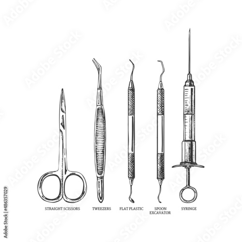 restorative dentistry_professional dental instruments, scissors, syringe, spatula, nippers, restorative dentistry, sketch, black line, white background, doctor's kit, metal, medical equipment