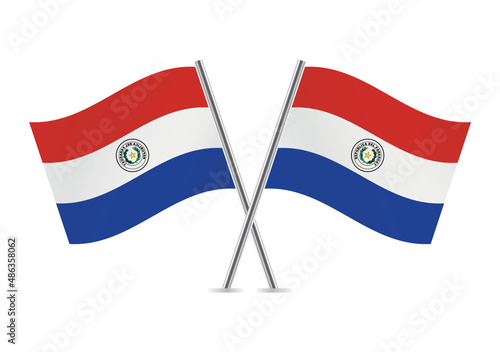 The Republic of Paraguay crossed flags. Paraguayan flags, isolated on white background. Vector icon set. Vector illustration.