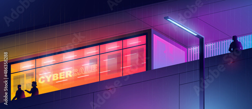 Shining store in a neon light. Futuristic colorful background