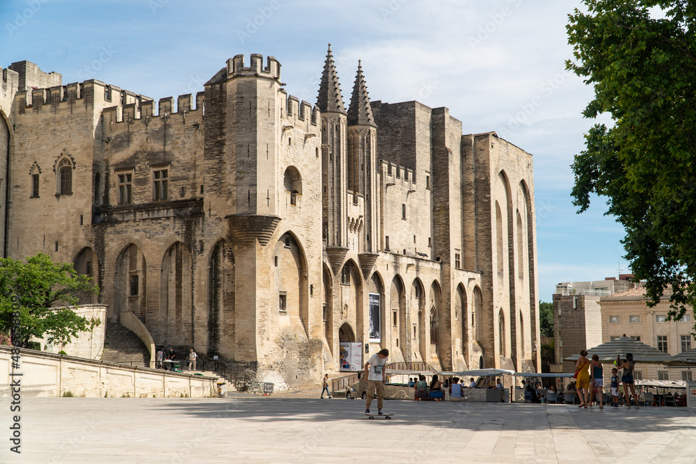 Avignon, Vaucluse - France - July 10 2021: Facade of Palais des papes in Avignon.