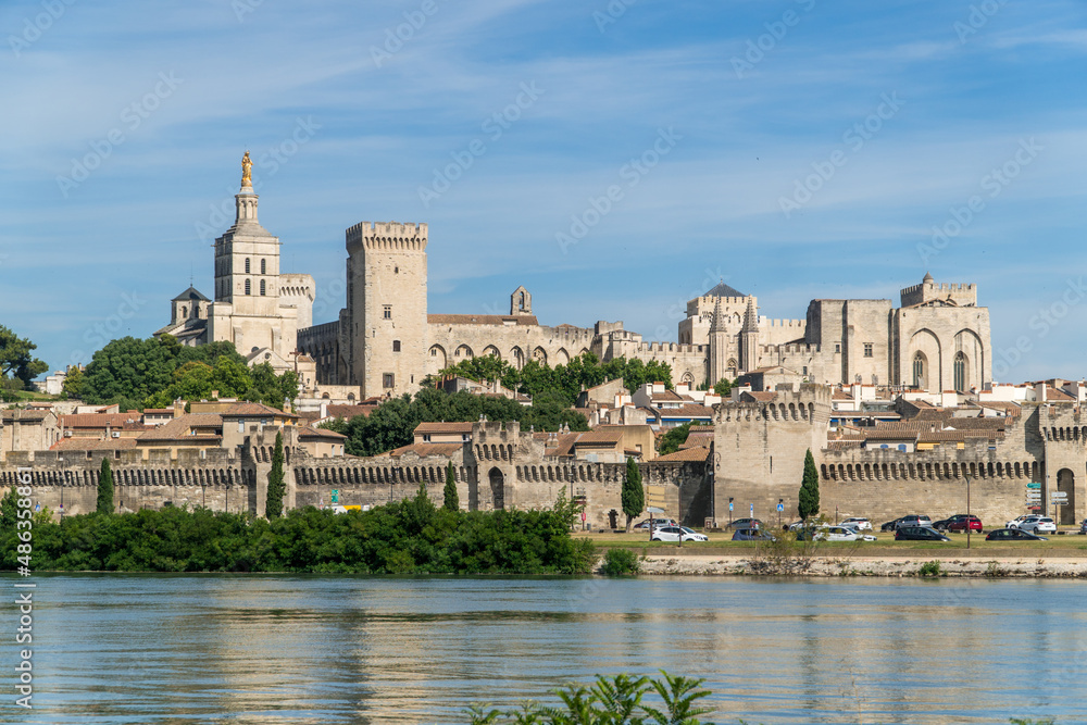 Avignon, Vaucluse - France - July 10 2021: Skyline of Palais des papes and Roine river.