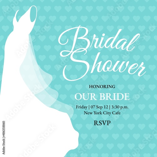 Bridal Shower invite with Bride wedding dress on blue background