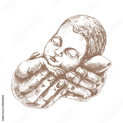 newborn baby in big hands_newborn in big hands, man, woman, doctor holding baby, graphic drawing, sketch with hands, birth, head of a sleeping child