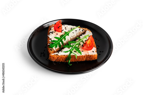 Bruschetta with cream cheese and vegetables isolated on a white background. Toasts and coffee isolated. Sandwich isolated. Sandwich with vegetables and cheese.