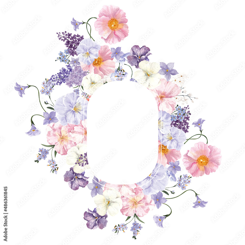 Watercolor frame with spring flowers and leaves, isolated on white ...