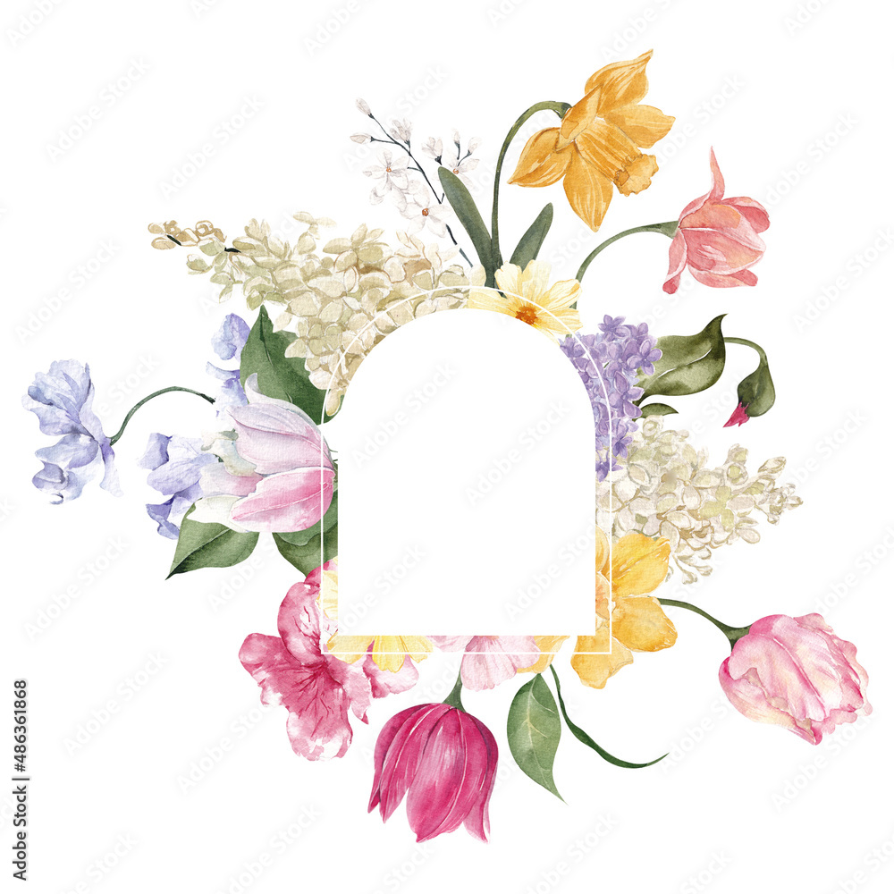 Watercolor frame with spring flowers and leaves, isolated on white ...