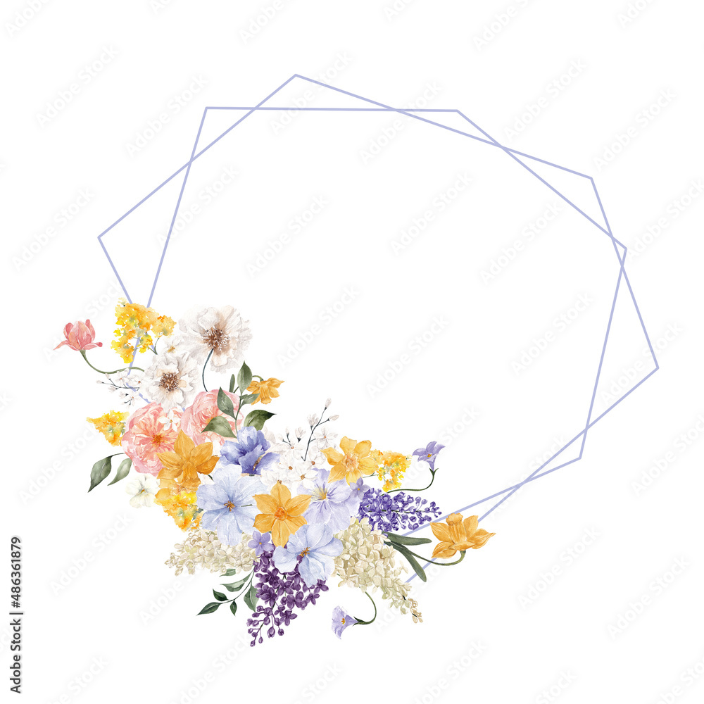 Watercolor frame with spring flowers and leaves, isolated on white ...