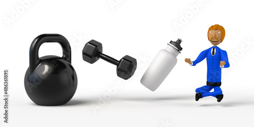 Businessman practicing yoga with a weight and water bottle. Copy space. 3D illustration. Cartoon.