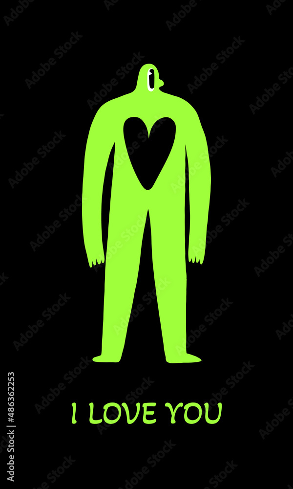 Valentine's Day greeting card with surreal neon colored contemporary human with huge heart. I love you text. Valentine's Day greeting card with surreal neon colored contemporary human with huge heart. I love you text.