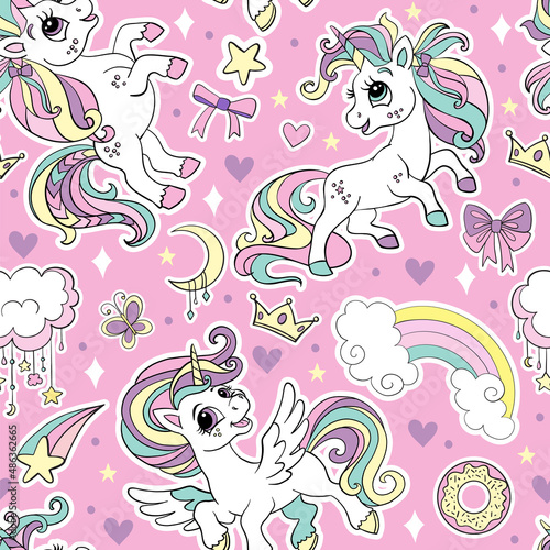 Seamless pattern cute unicorns and magic elements vector
