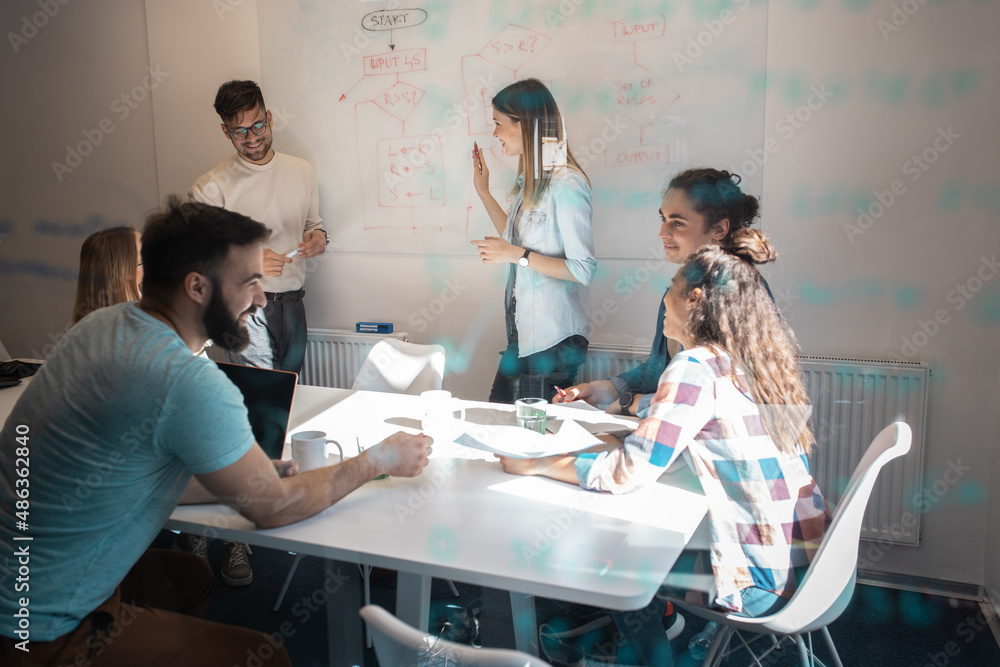 Obraz premium Group of software developing workers and programmers on meeting. They discuss future projects at the conference room.